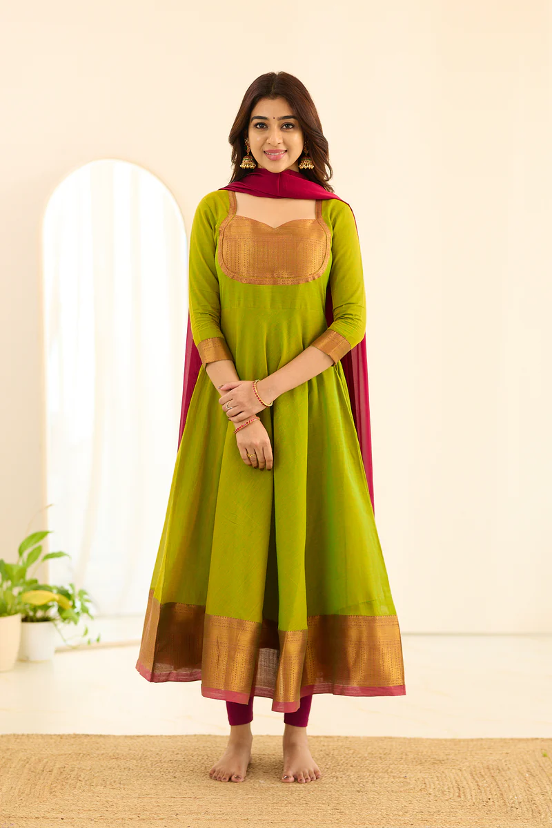Parrot Green Chettinad Cotton Anarkali